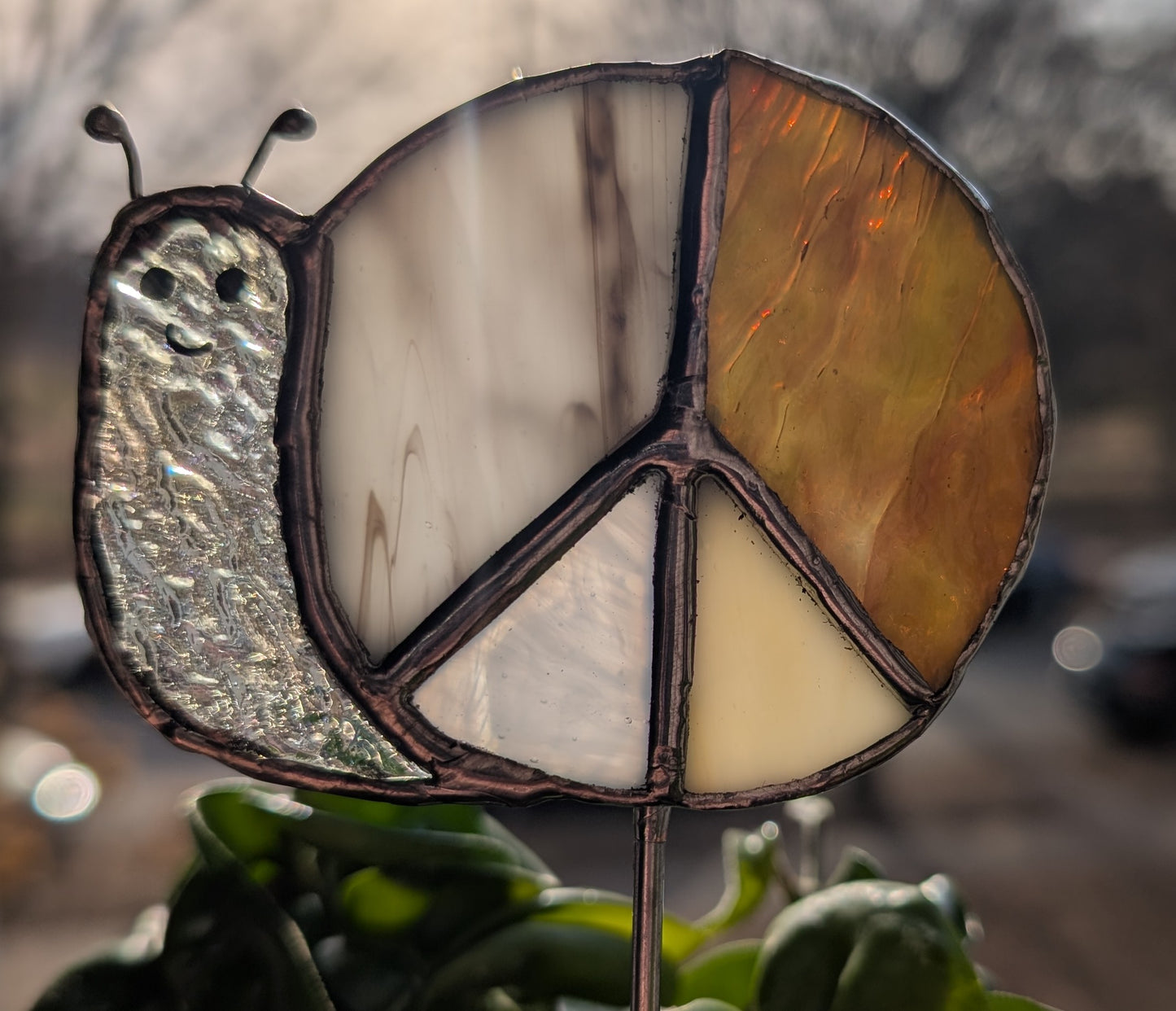 Handcrafted stained glass garden plant stake happy snail
