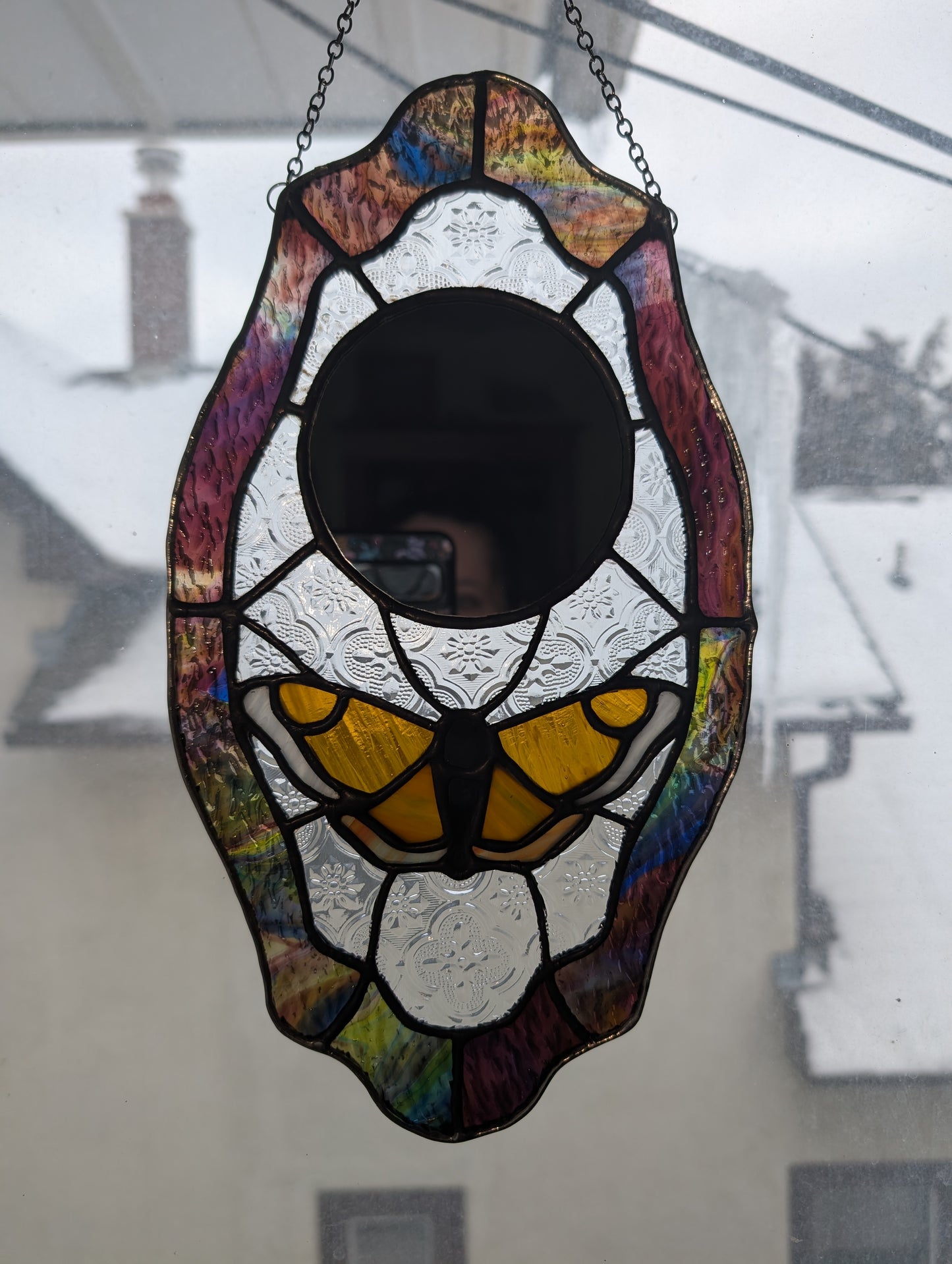 Handcrafted stained glass moth and mirror