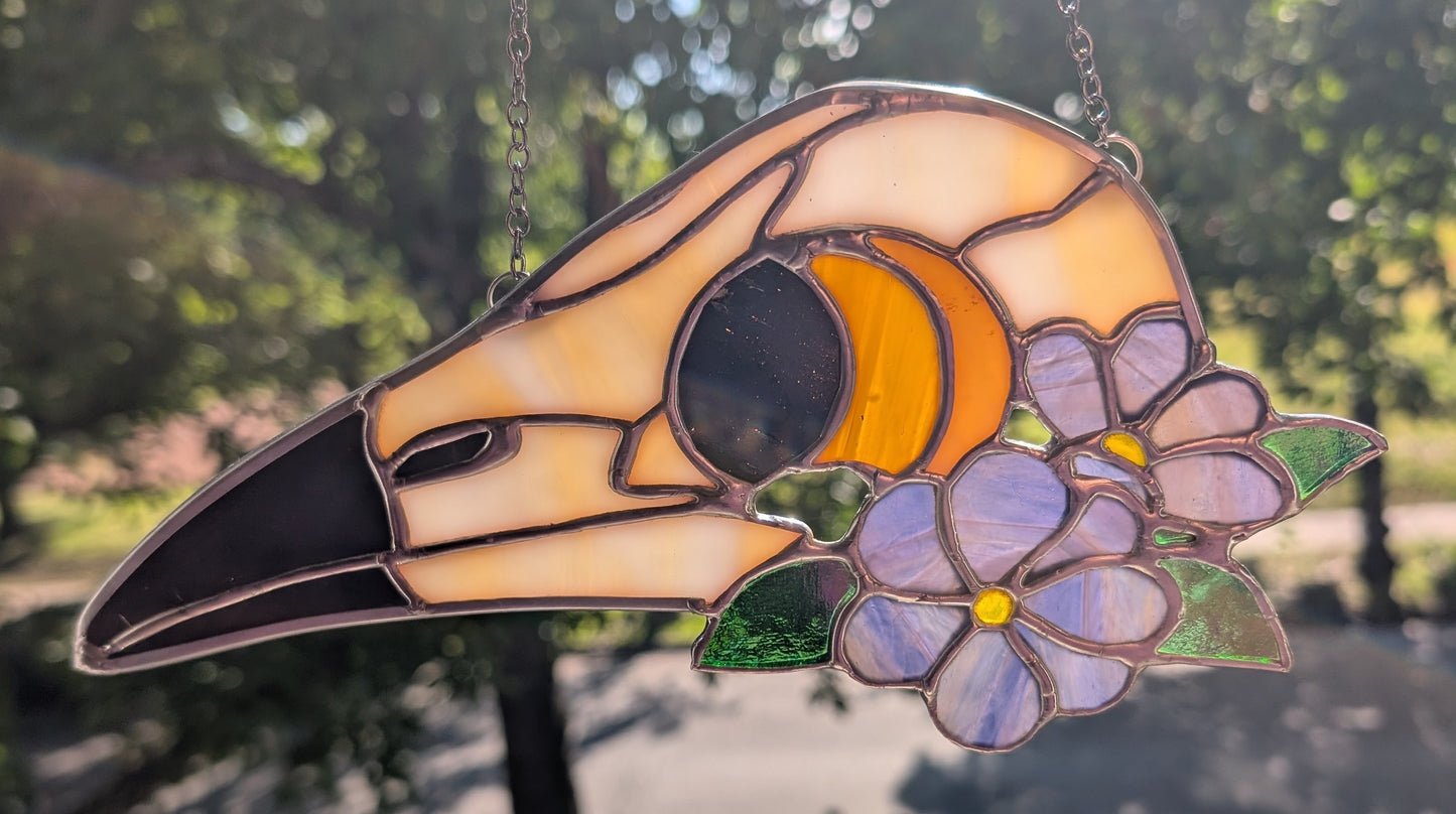 Stained glass sun catcher floral bird skull