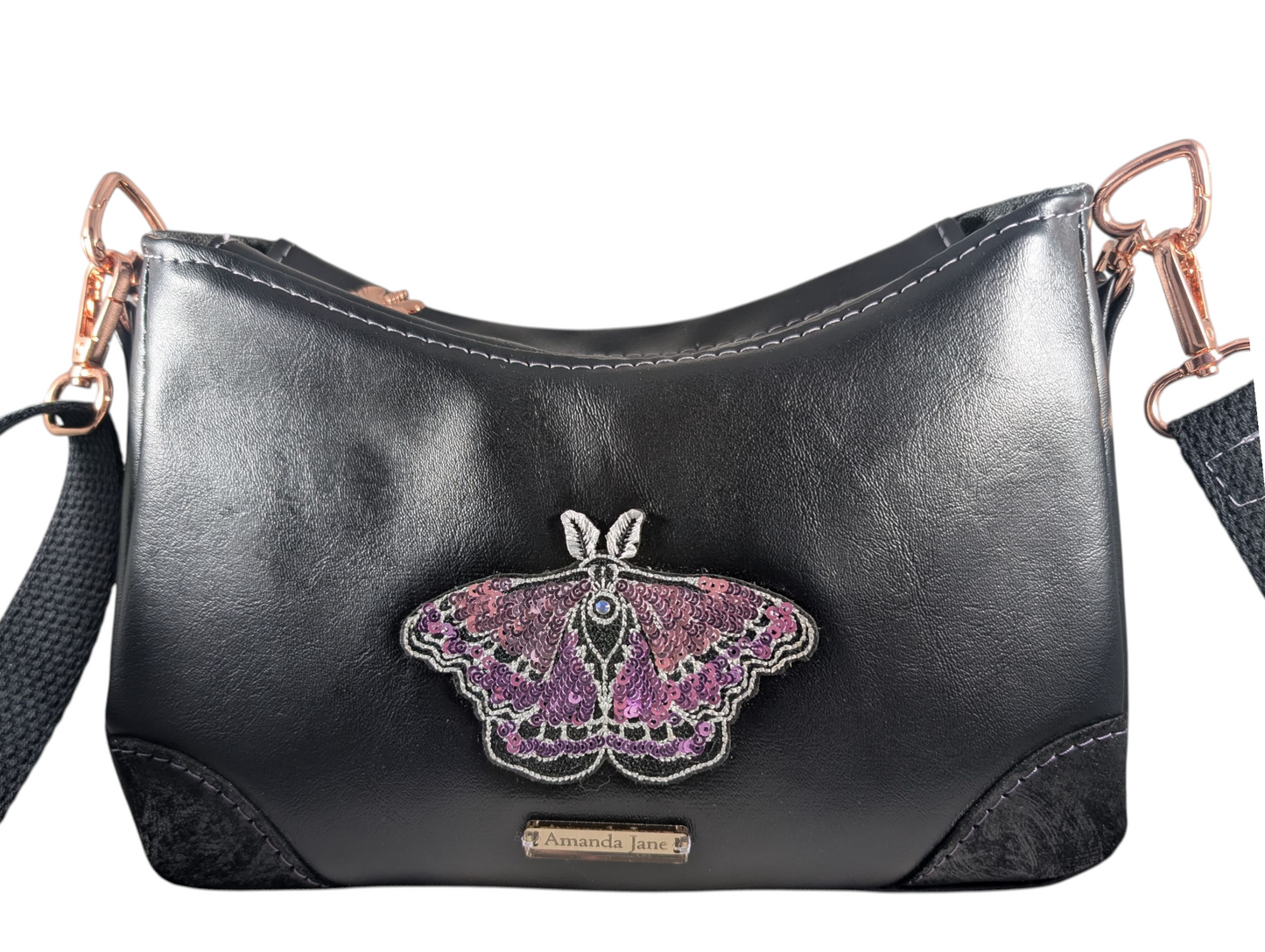 Handcrafted purse crossbody purple sequin moth butterfly