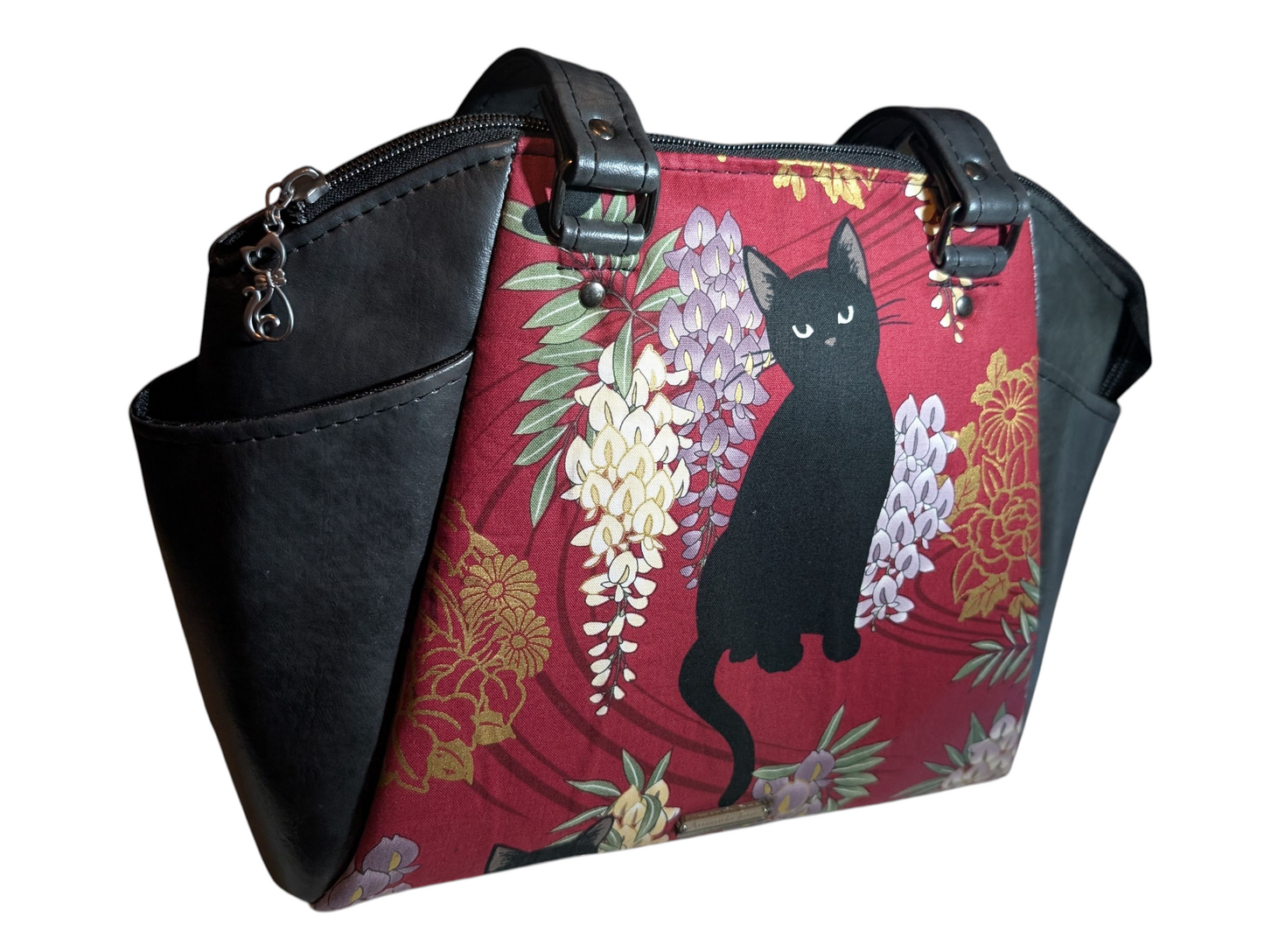 Handcrafted purse bag handbag Japanese style floral black cat