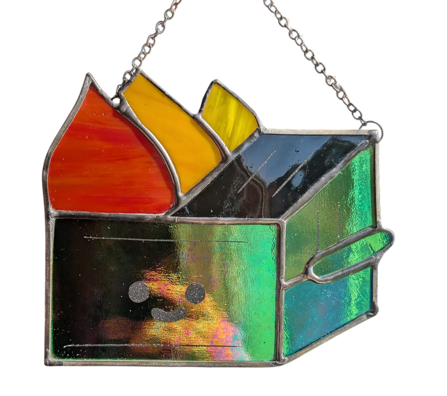 Stained glass sun catcher dumpster fire