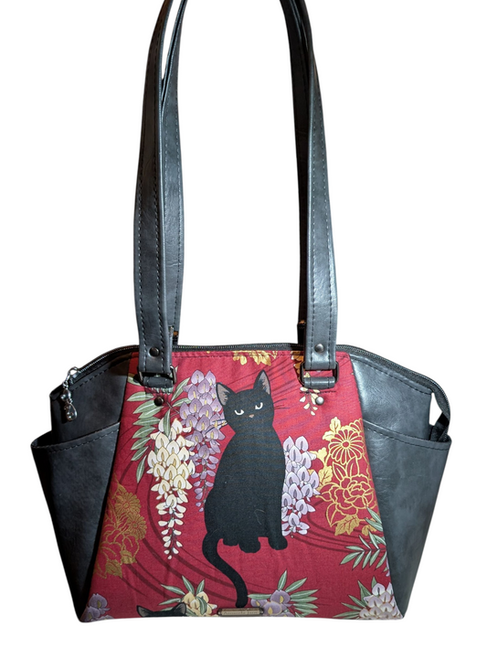 Handcrafted purse bag handbag Japanese style floral black cat
