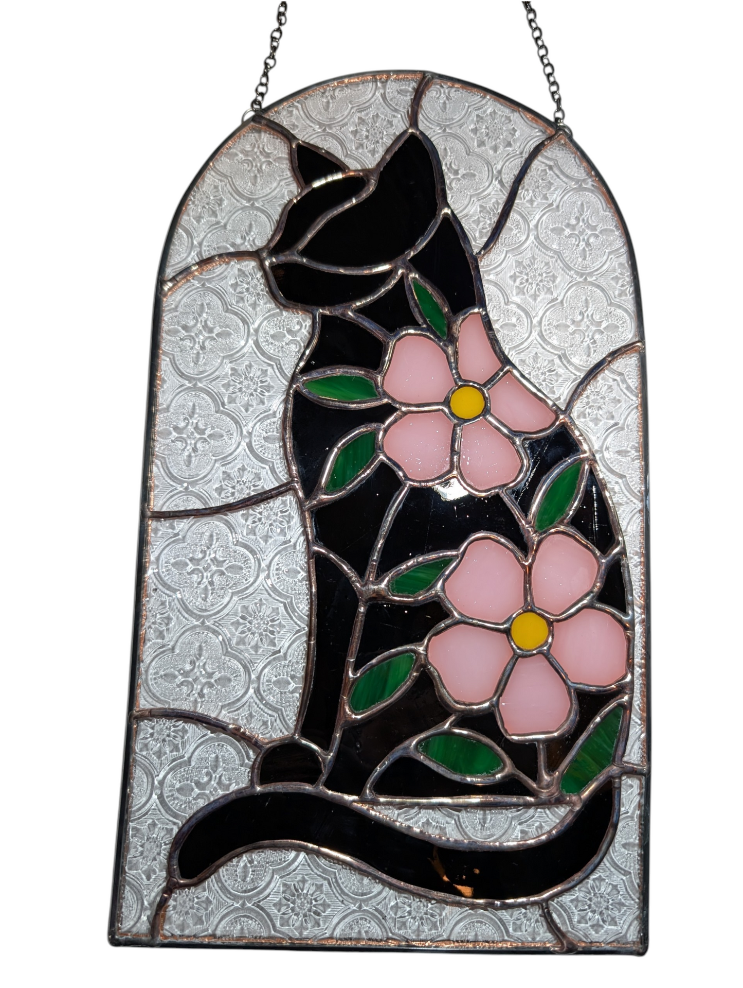 Handcrafted stained glass cat and flowers black/brown and pink