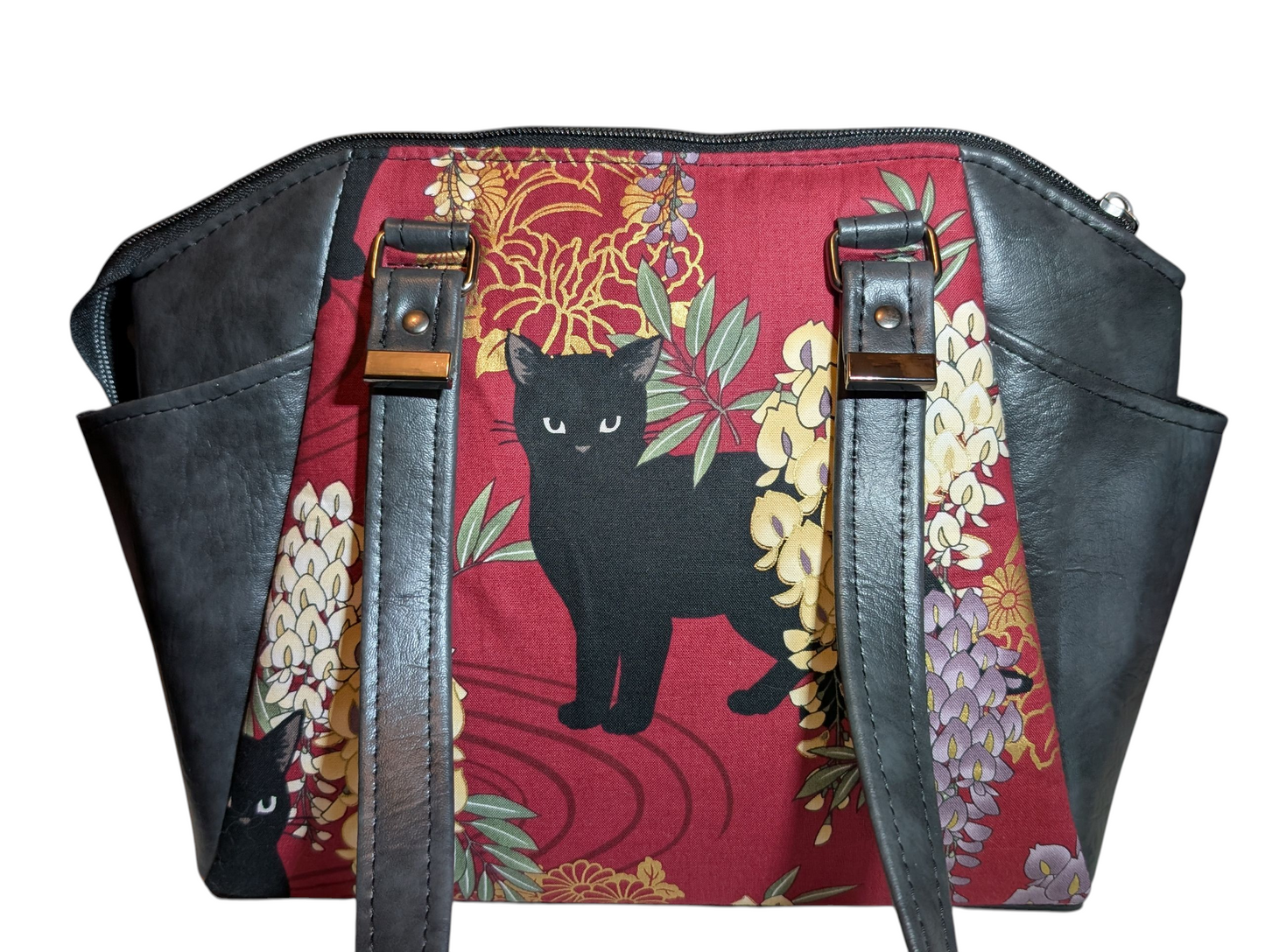 Handcrafted purse bag handbag Japanese style floral black cat