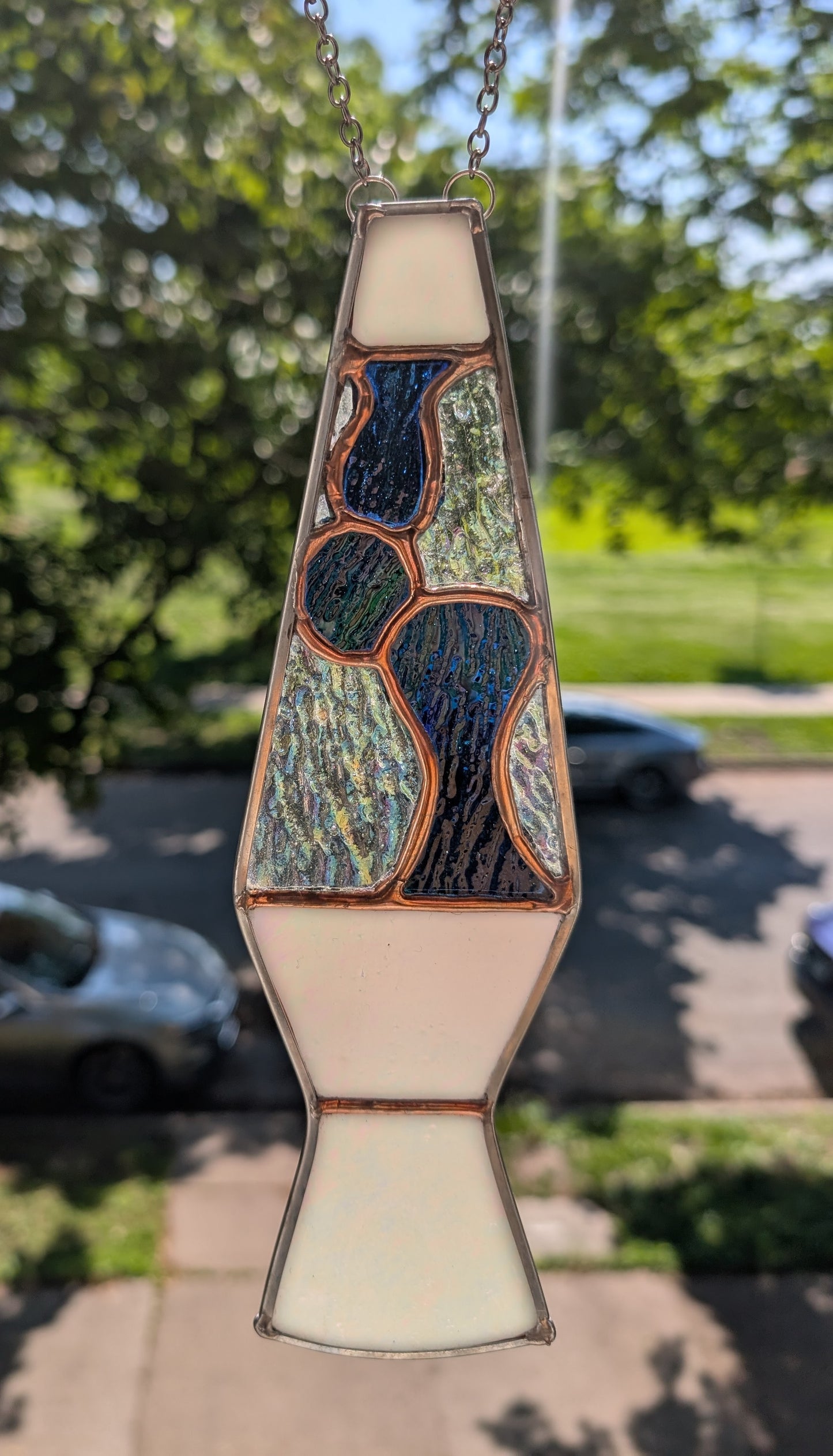 Handcrafted stained glass lava lamp white iridescent and blue