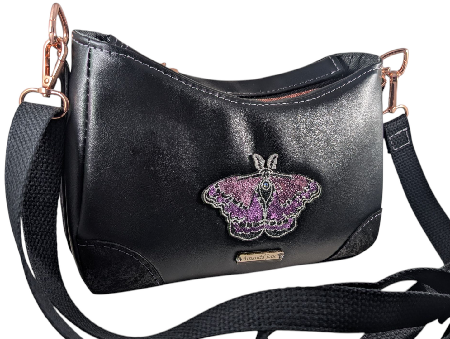 Handcrafted purse crossbody purple sequin moth butterfly
