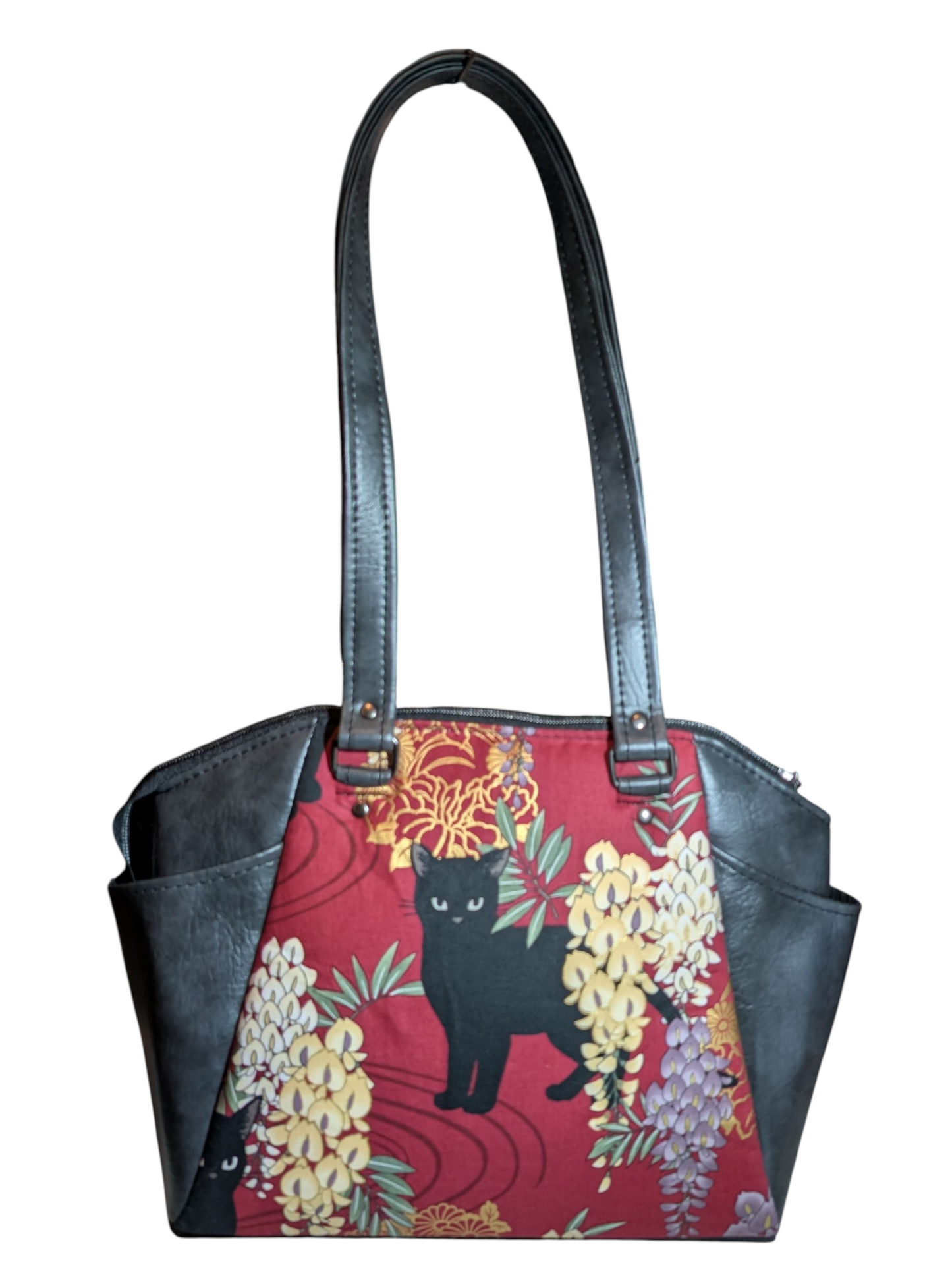 Handcrafted purse bag handbag Japanese style floral black cat