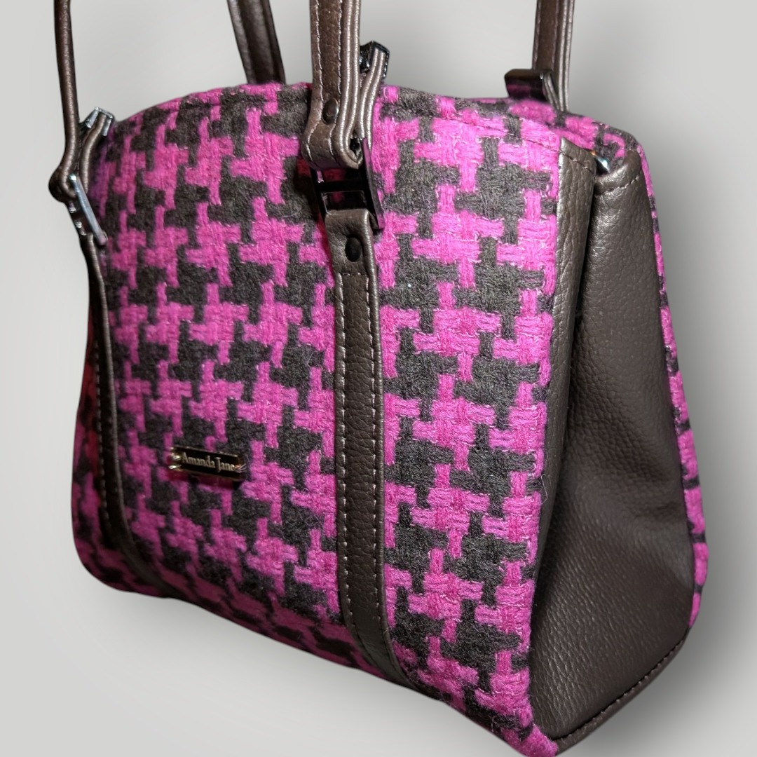 Handcrafted purse hand bag pink and brown houndstooth wool