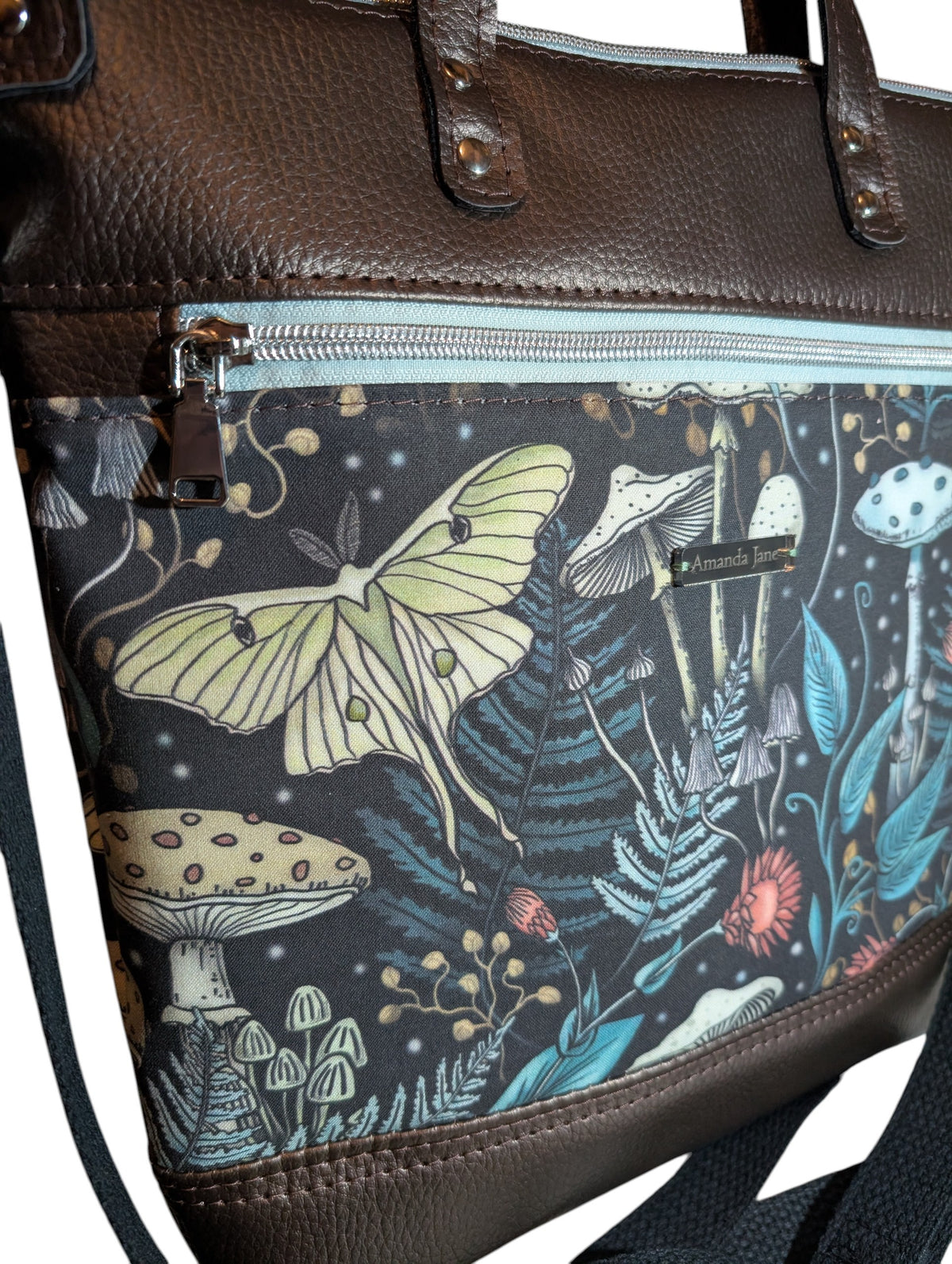 Handcrafted bag purse handbag crossbody Luna moth, mushrooms