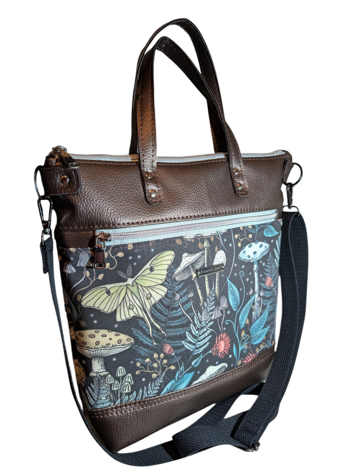 Handcrafted bag purse handbag crossbody Luna moth, mushrooms