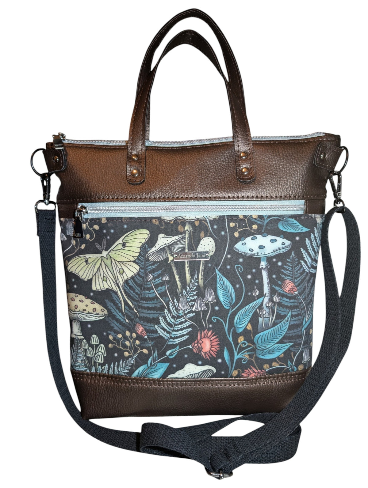Handcrafted bag purse handbag crossbody Luna moth, mushrooms