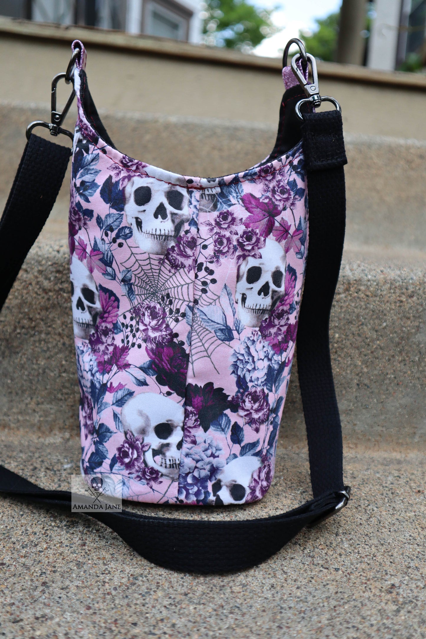 Handcrafted water bottle holder with card slots pink skulls