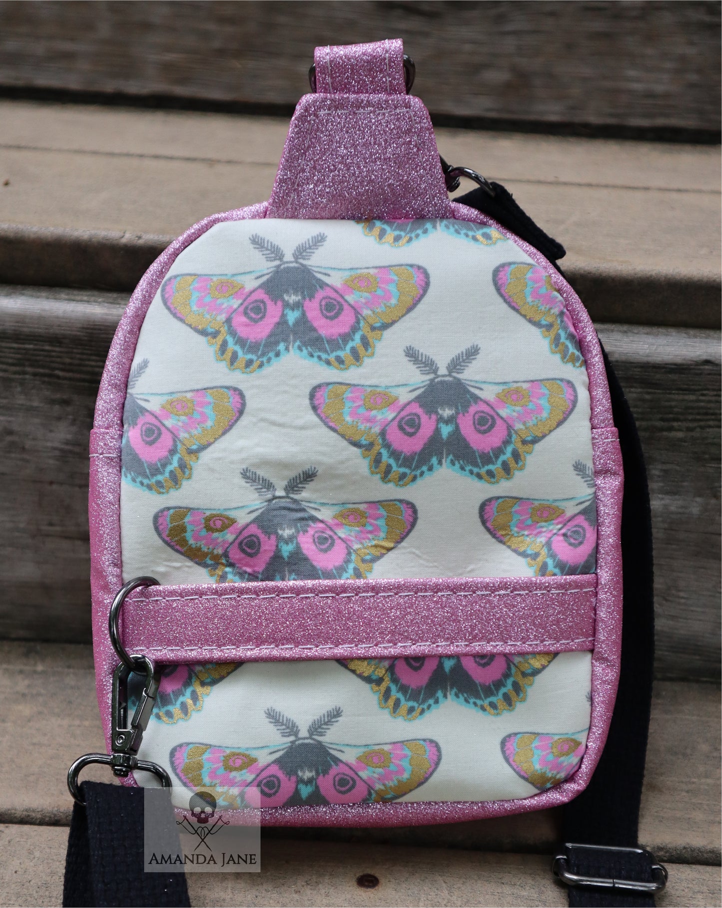 Handcrafted purse backpack shoulder sling gold moths - SMALL size