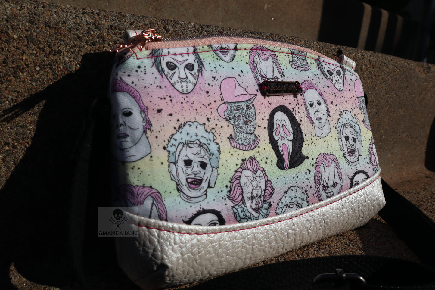 Handcrafted clutch or crossbody purse horror icons