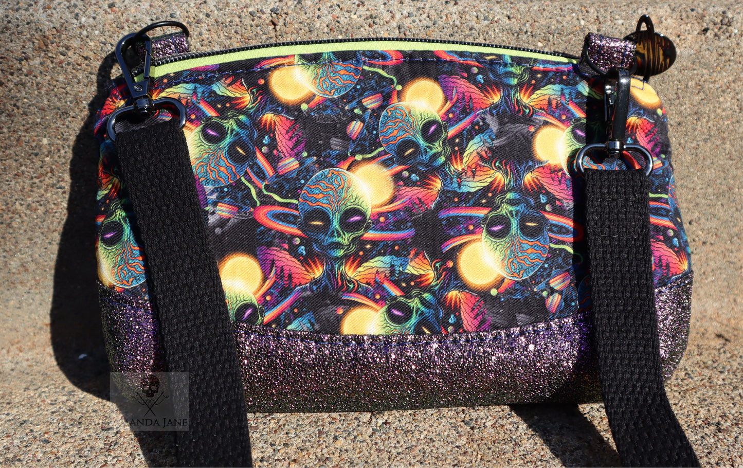 Handcrafted clutch or crossbody purse space aliens