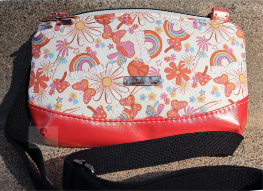 Handcrafted clutch or crossbody purse retro print with mushrooms and rainbows