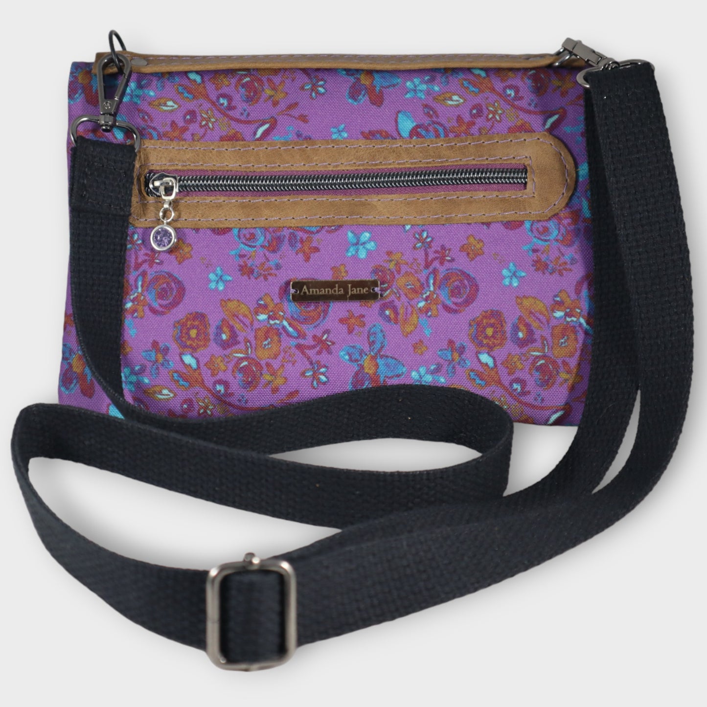 Handmade clutch wristlet crossbody purse purple floral and leather