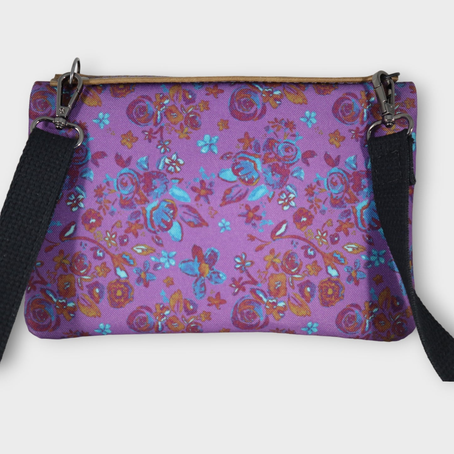 Handmade clutch wristlet crossbody purse purple floral and leather