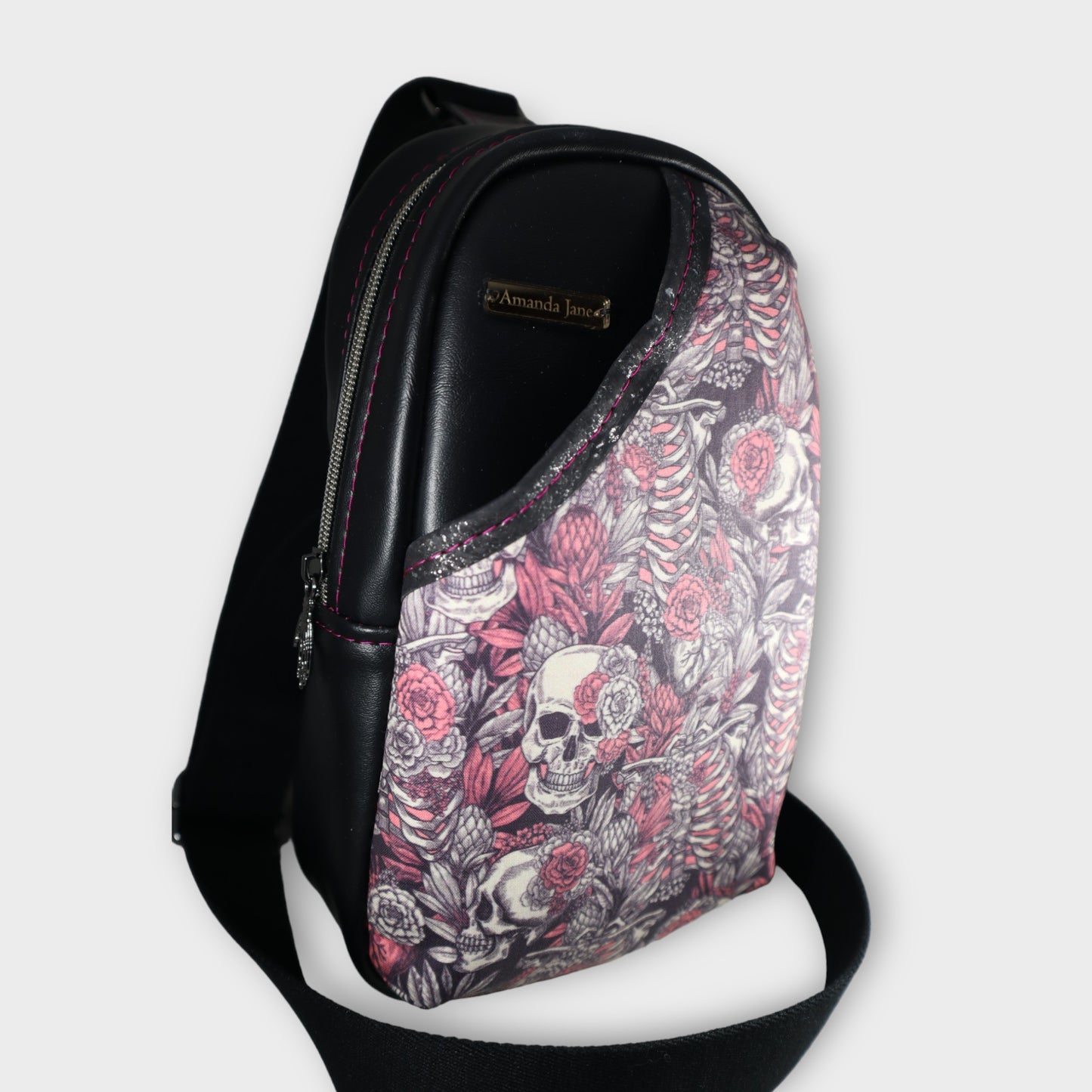 Handcrafted purse backpack shoulder sling pink floral skulls