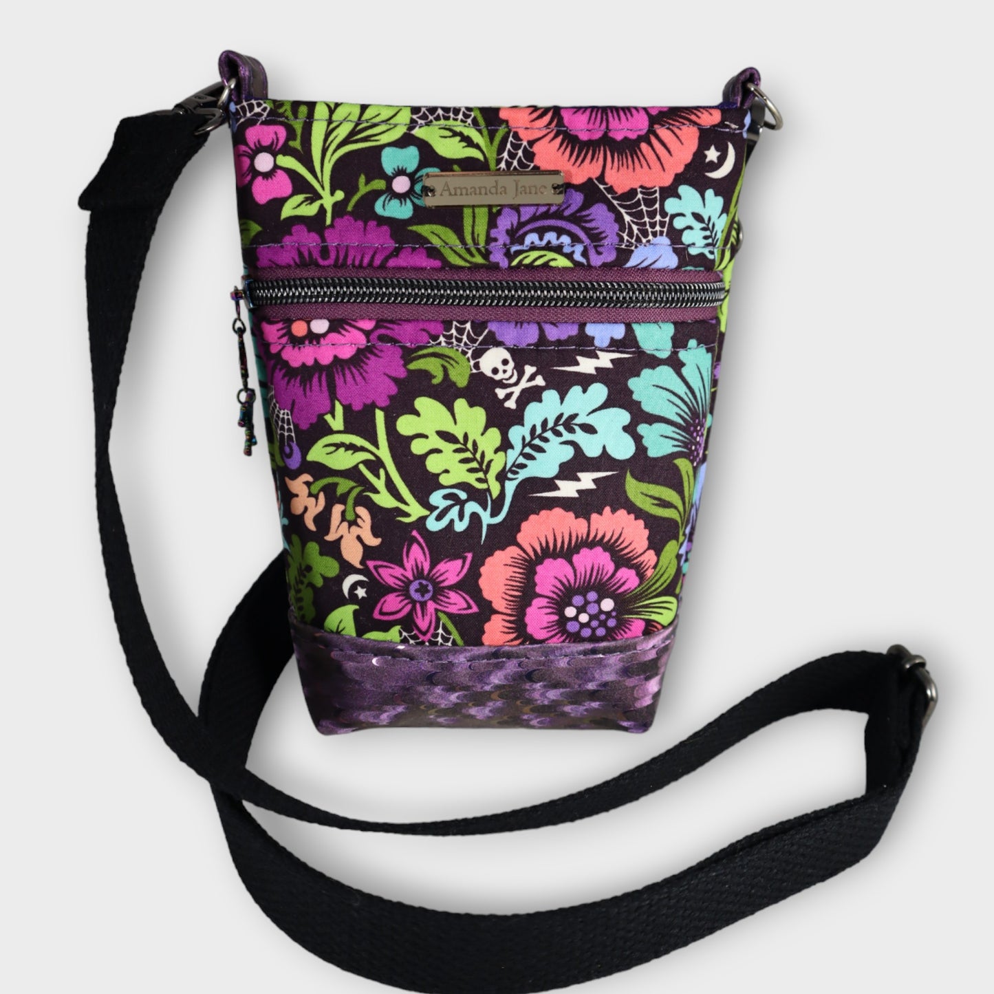 Handcrafted bag handbag small cell phone purse floral skulls