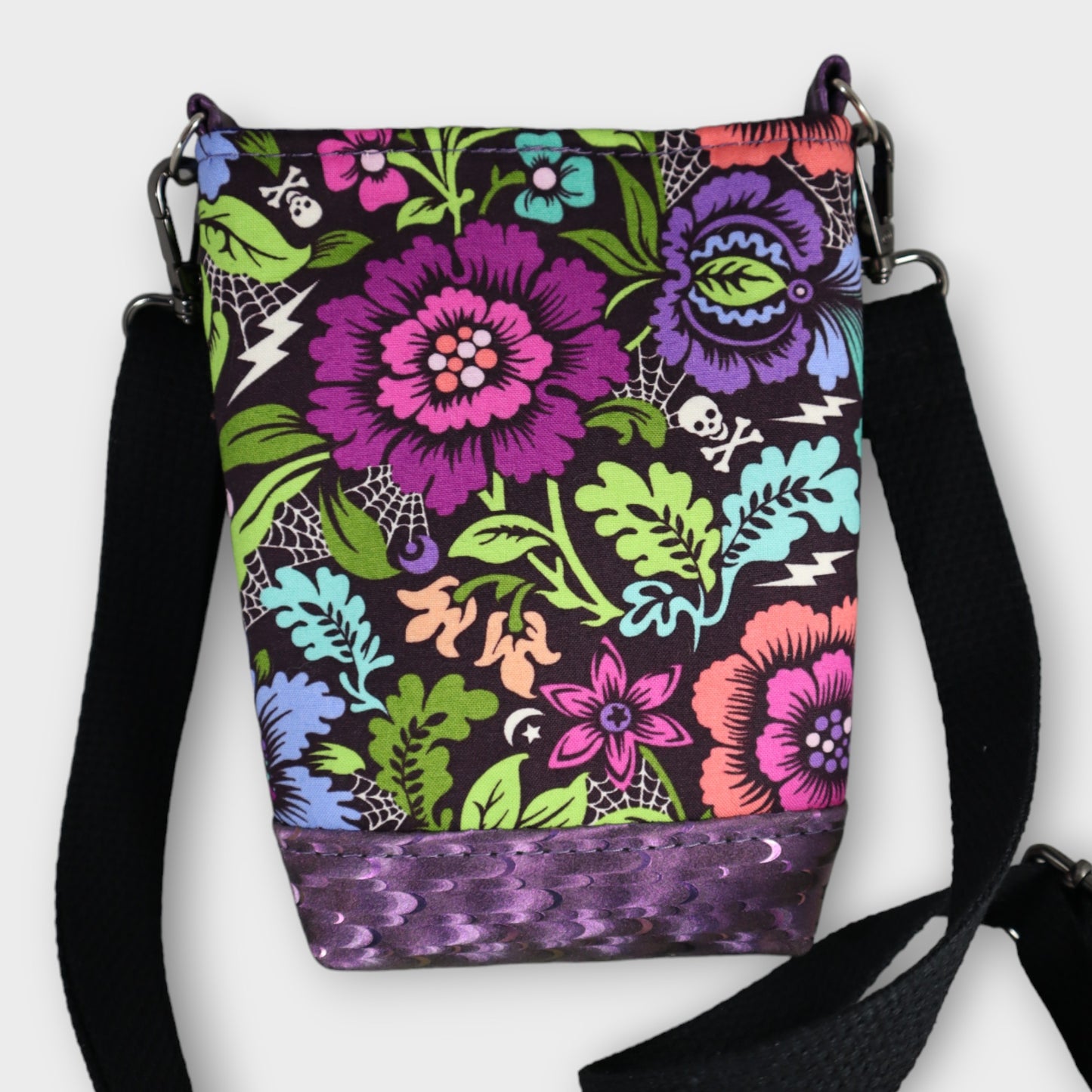 Handcrafted bag handbag small cell phone purse floral skulls