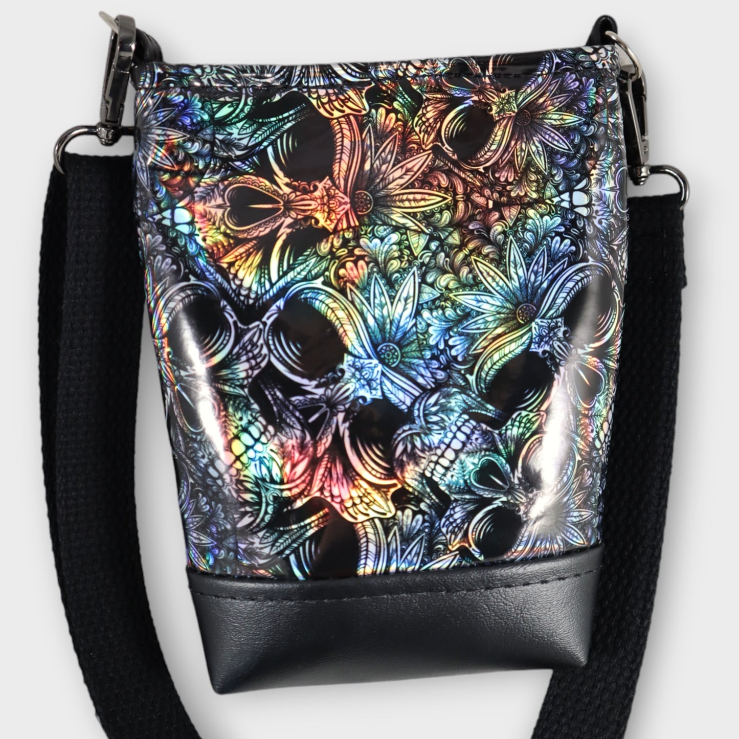 Handcrafted bag handbag small cell phone purse floral skulls holographic