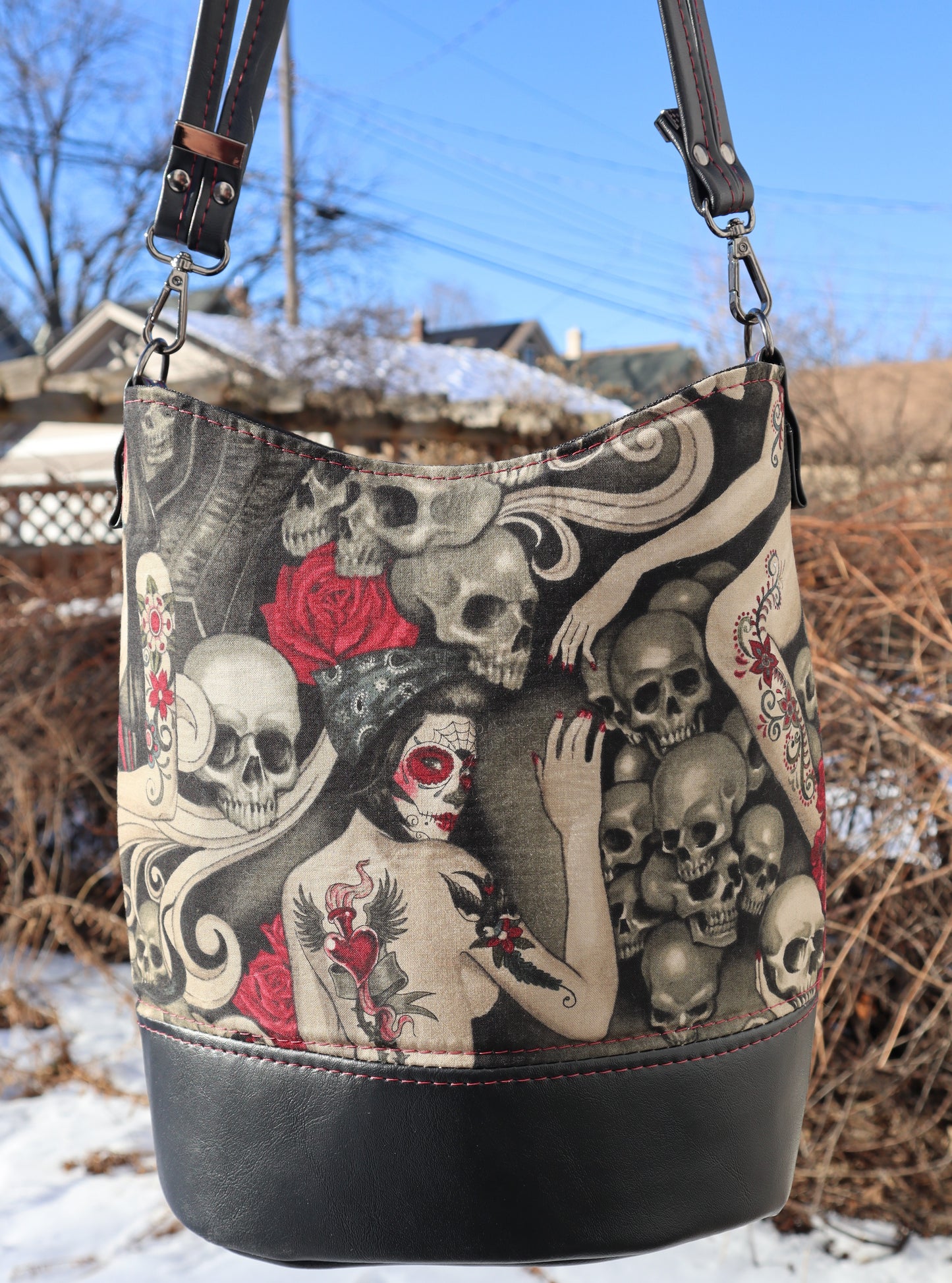 Handcrafted shoulder purse bag sugar skull goth girls