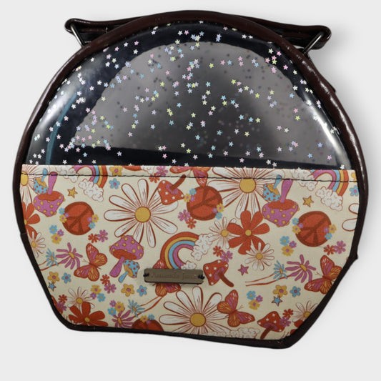 Handcrafted pouch make up retro rainbows, mushrooms, and flowers