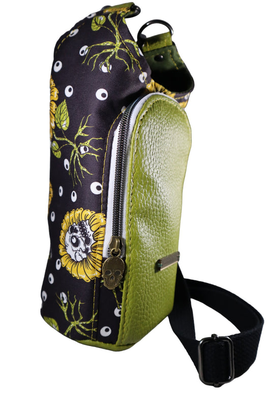 Handcrafted water bottle holder with card slots sunflowers and skulls