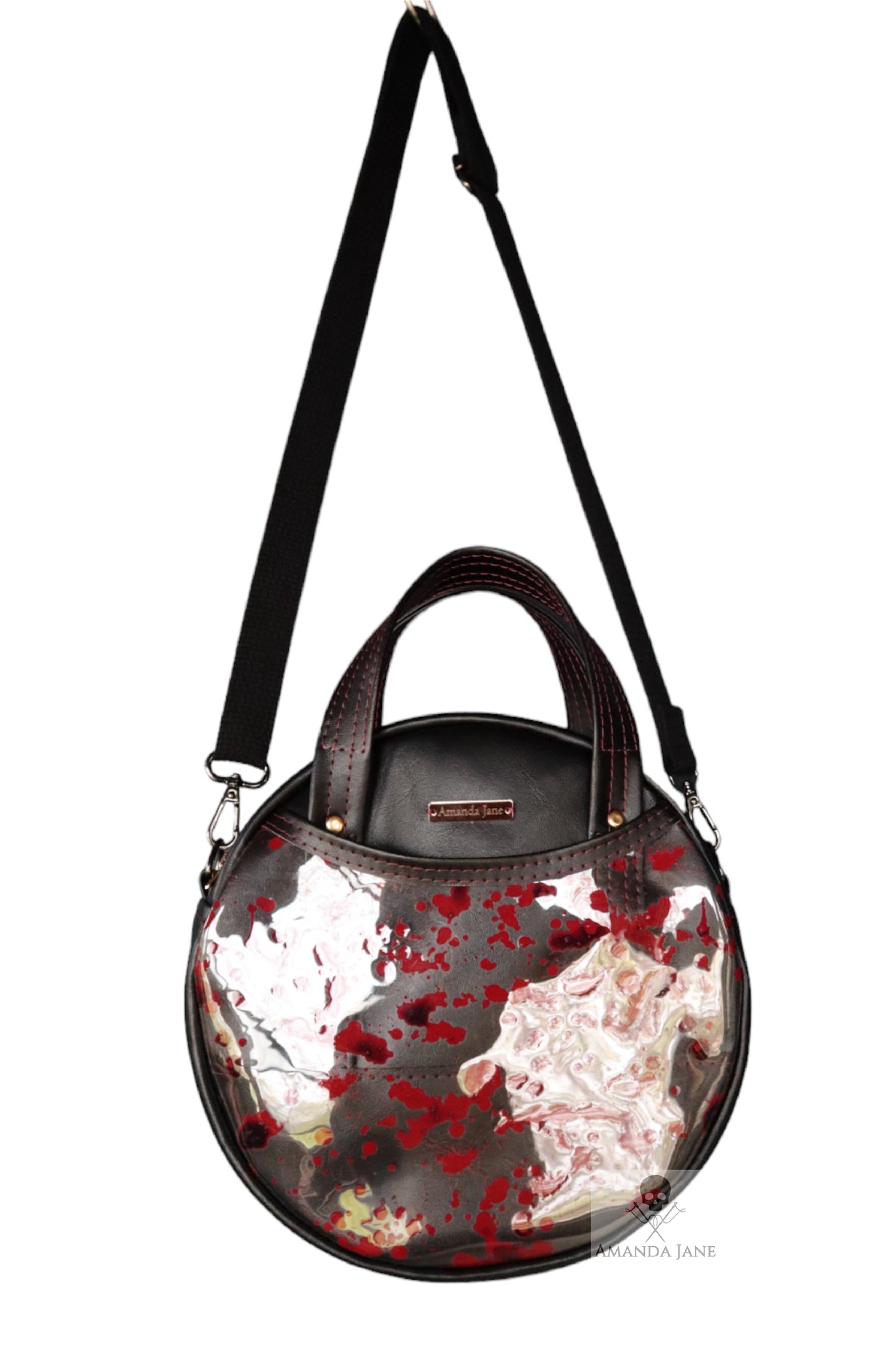 Handcrafted circle purse bag black and red fake blood splatter