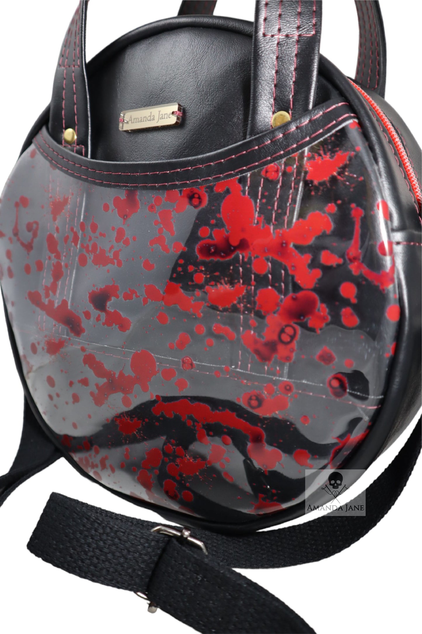 Handcrafted circle purse bag black and red fake blood splatter