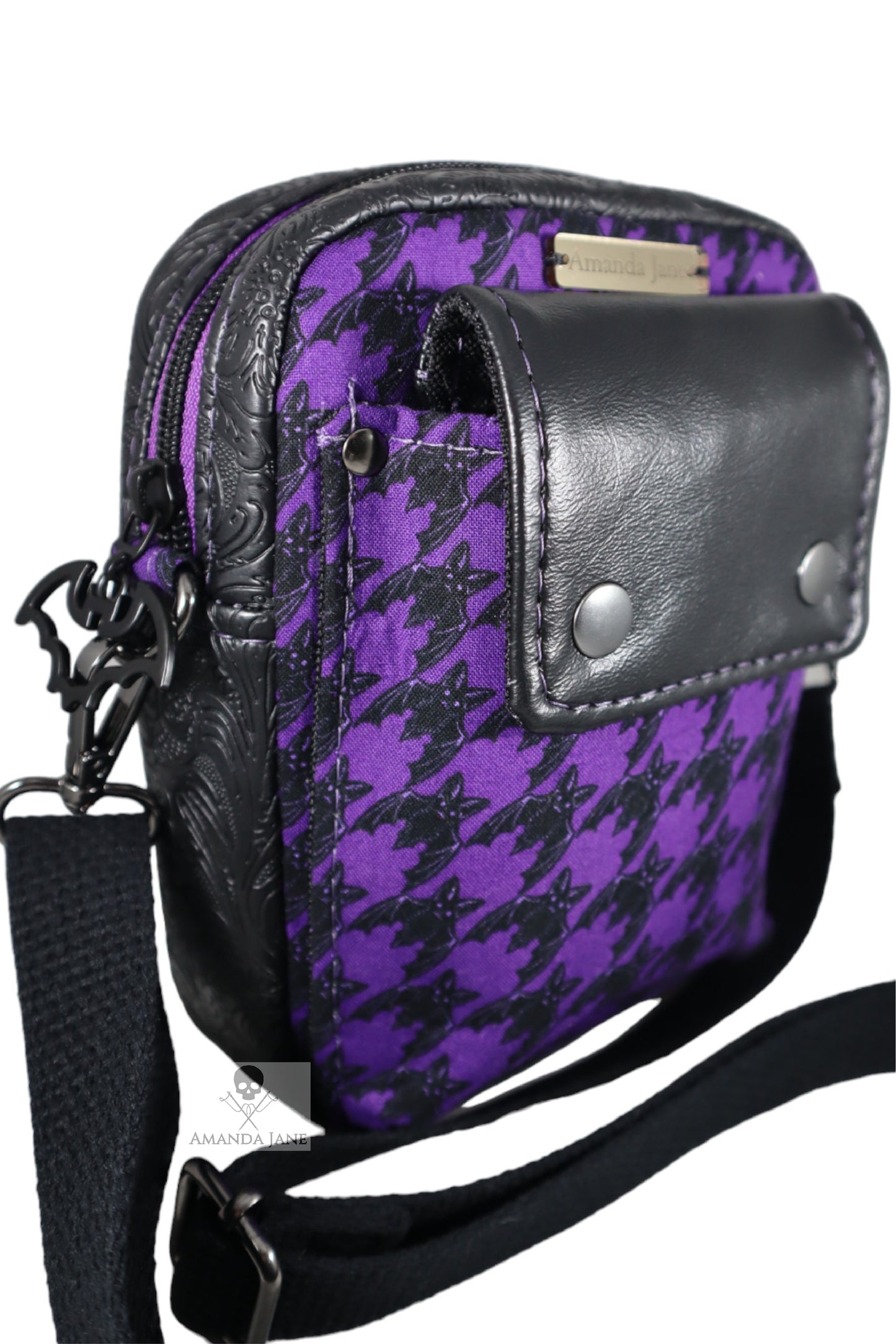 Handcrafted purse crossbody bag essentials bat purple houndstooth