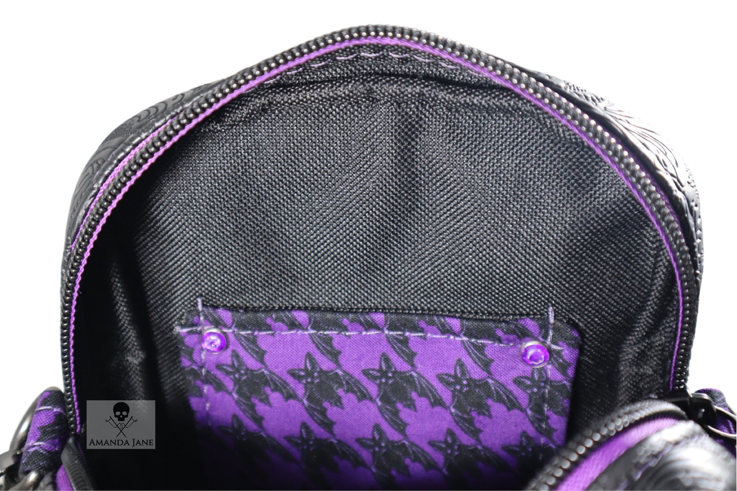 Handcrafted purse crossbody bag essentials bat purple houndstooth