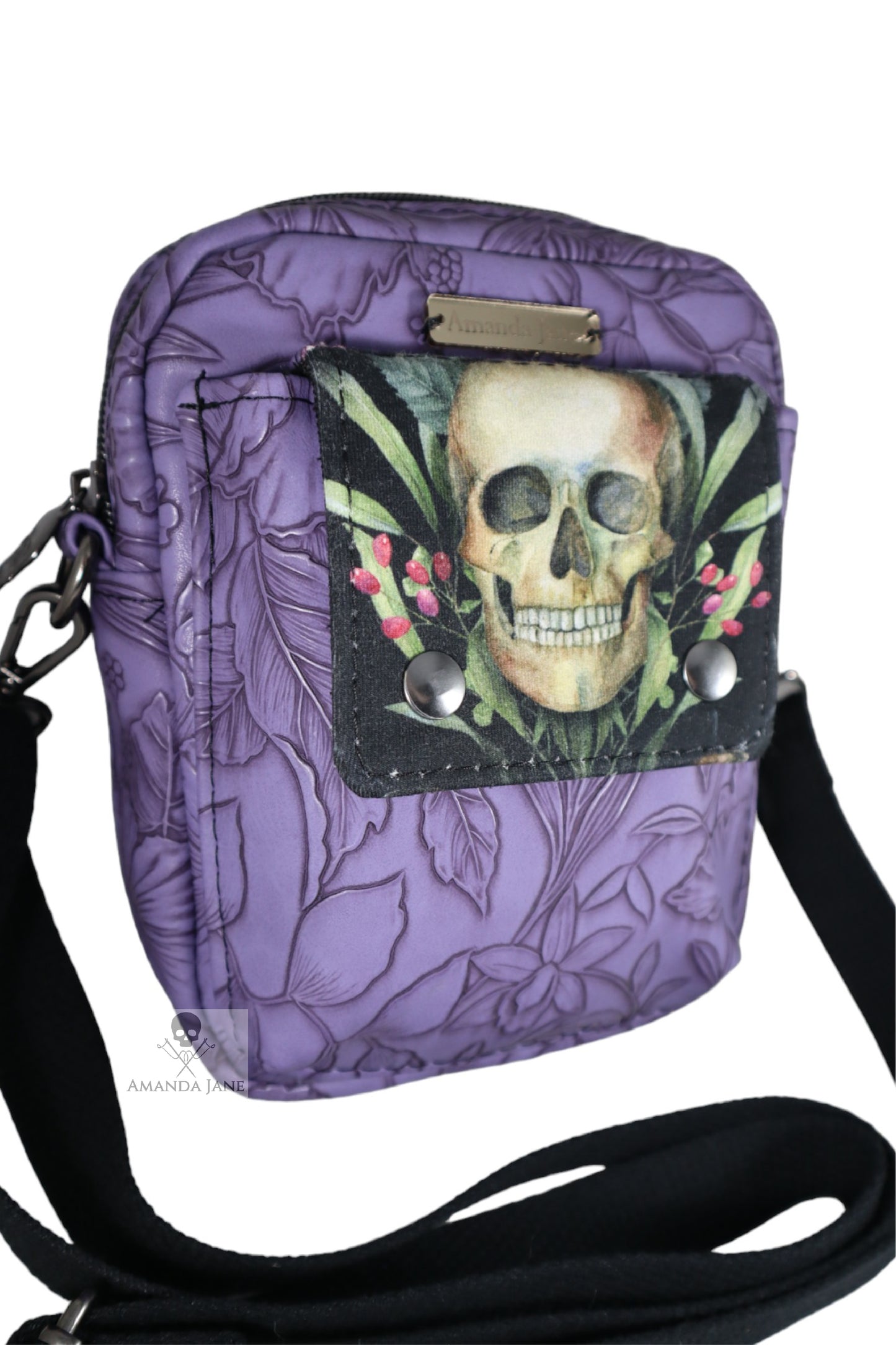 Handcrafted purse crossbody bag essentials floral skull