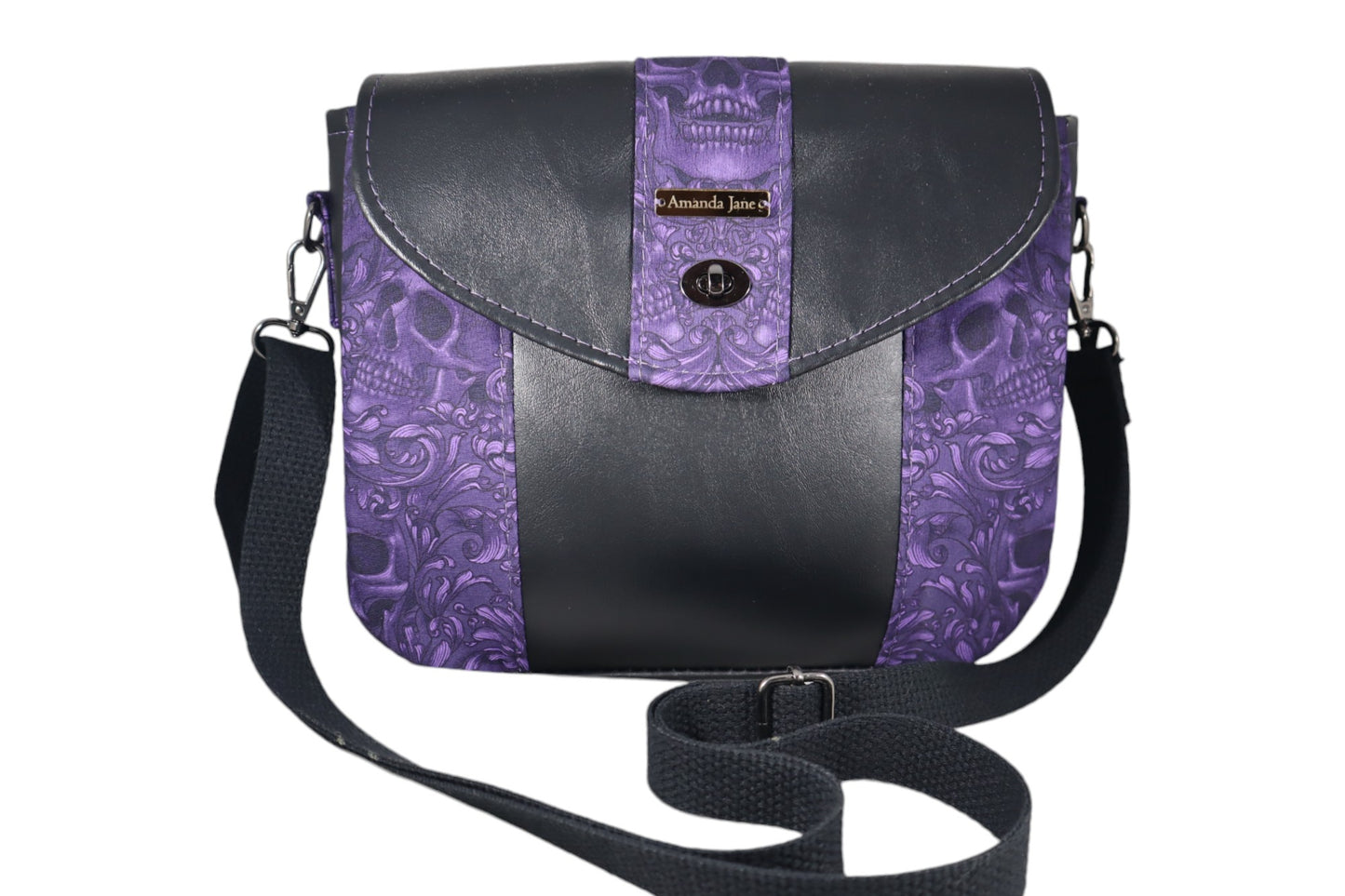 Handcrafted purse crossbody bag purple skull demask