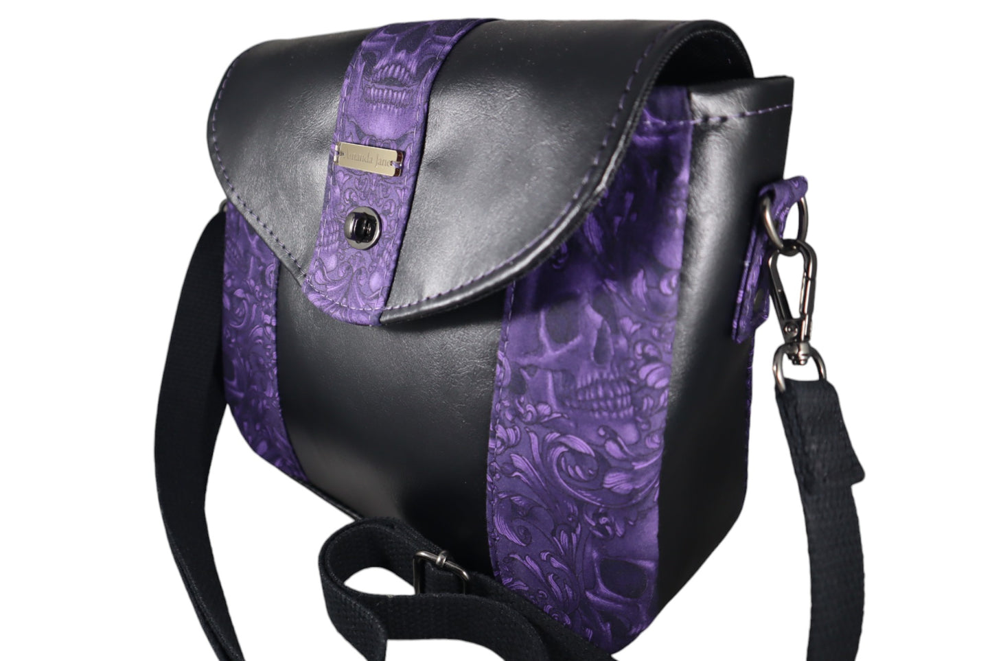 Handcrafted purse crossbody bag purple skull demask