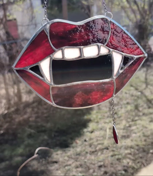 Handcrafted stained glass vampire teeth red lips