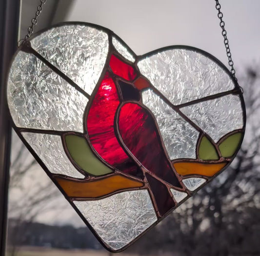 Handcrafted stained glass heart cardinal