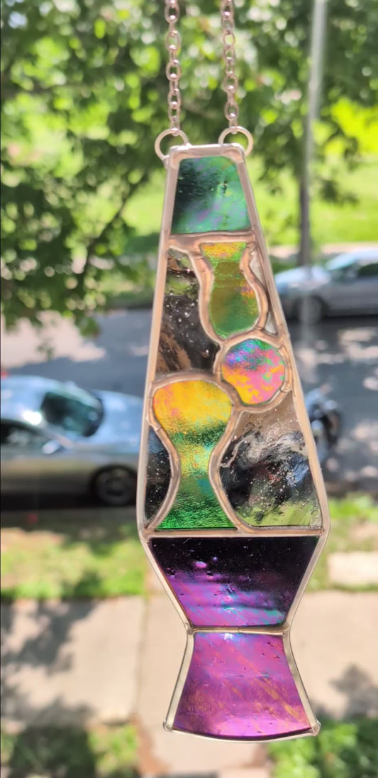 Handcrafted stained glass lava lamp green and black idridescent