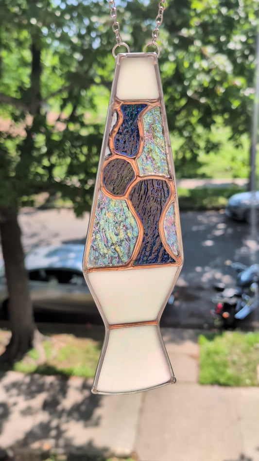 Handcrafted stained glass lava lamp white iridescent and blue