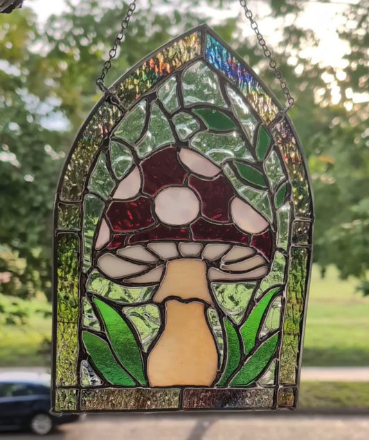 Stained glass sun catcher amanita mushroom
