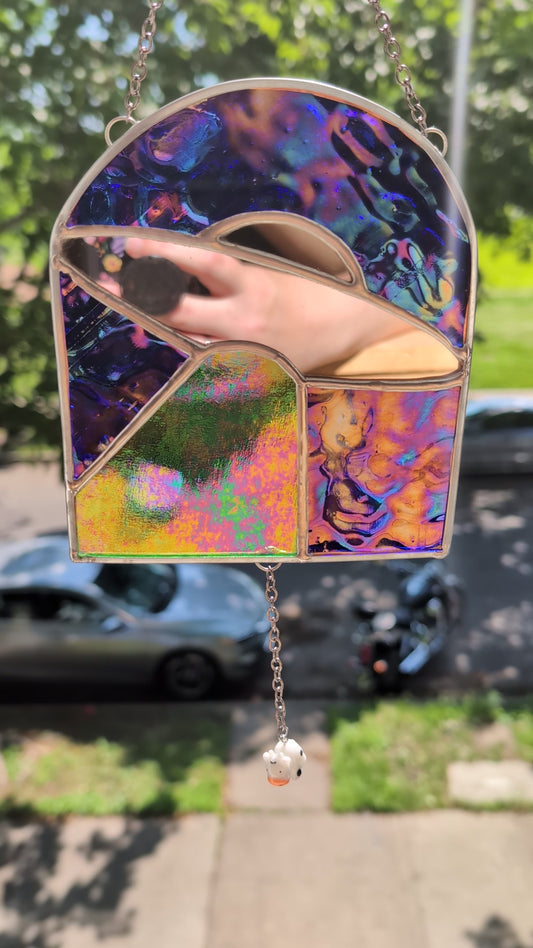 Handcrafted stained glass UFO beaming up a cow blue, green, and mirror