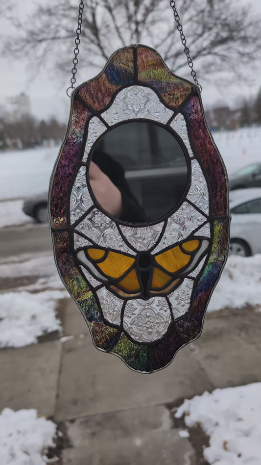Handcrafted stained glass moth and mirror