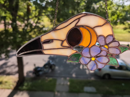 Stained glass sun catcher floral bird skull