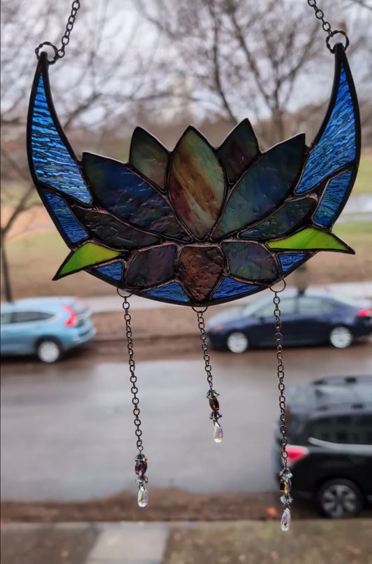 Handcrafted stained glass lotus moon blue DISCOUNTED