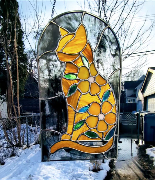 Handcrafted stained glass cat and flowers
