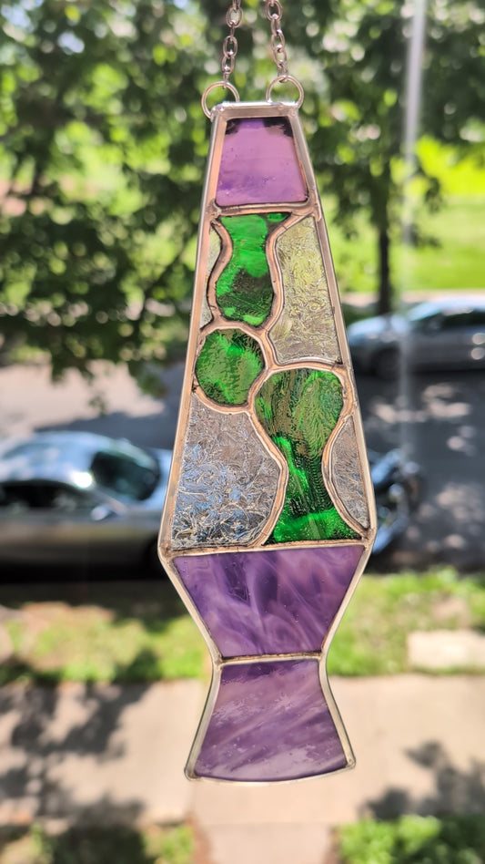 Handcrafted stained glass lava lamp purple and green