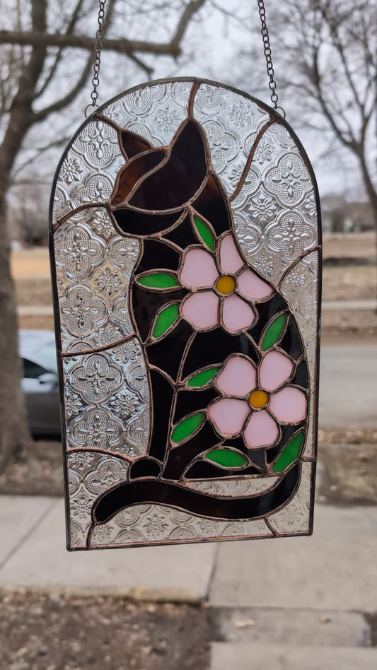 Handcrafted stained glass cat and flowers black/brown and pink