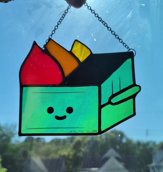 Stained glass sun catcher dumpster fire
